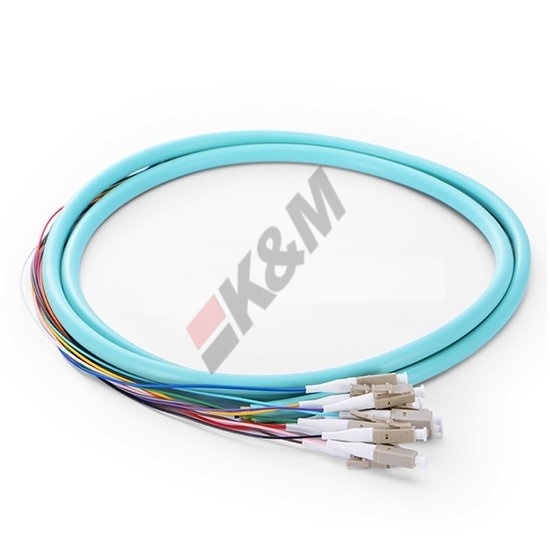 1M 12 fibras LC/UPC 10 50/125 OM3 bando multi-modo fibra óptica Pigtail - 0.9mm LSZH jaqueta