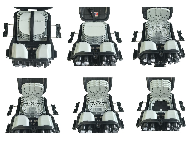 Multi-angle views of outdoor pole-mounted fiber distribution closure Multi-angle views of outdoor pole-mounted fiber distribution closure