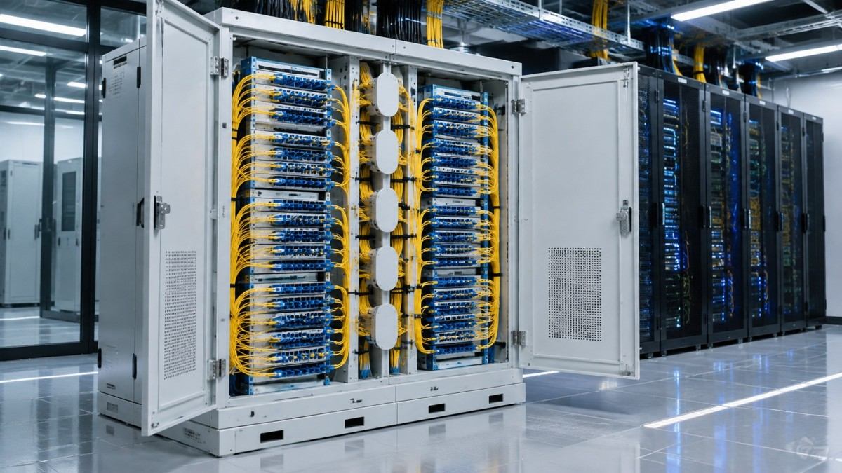 Floor-mounted Optical Distribution Frame (ODF) in a high-density data center.